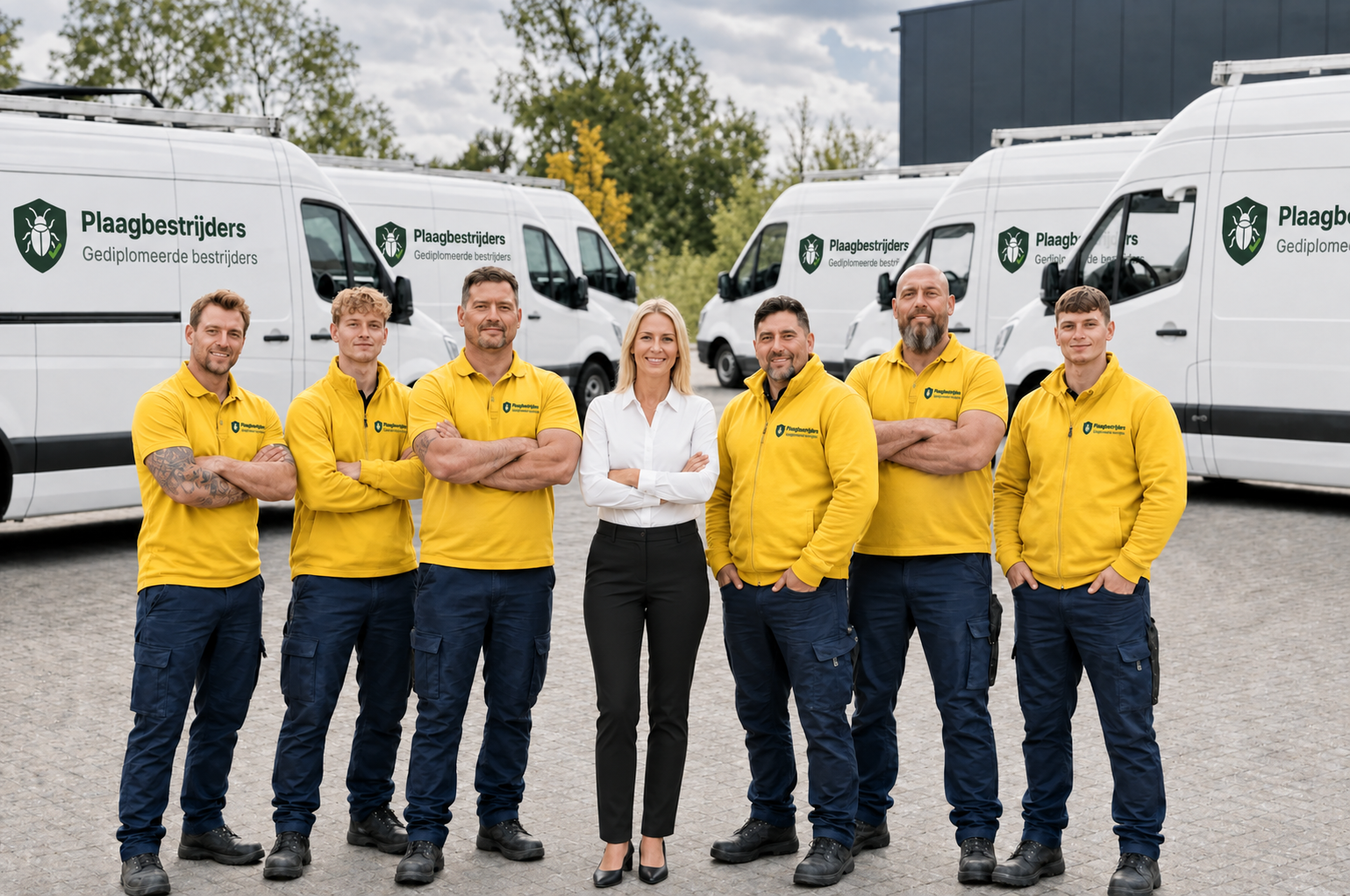 Het team van gediplomeerde bestrijders van Plaagbestrijders voor hun servicebussen