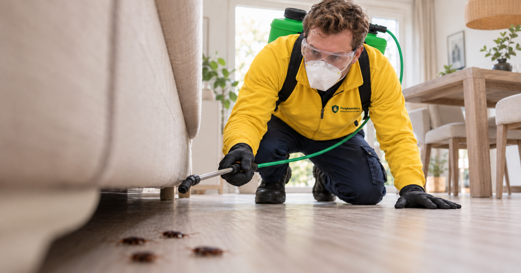 Gediplomeerde bestrijder van Plaagbestrijders behandelt kakkerlakken in een woonkamer